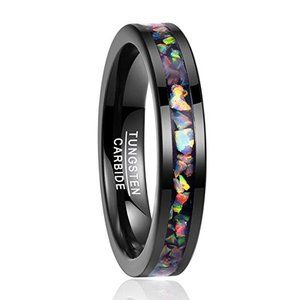 Lesbian Tungsten Wedding Band (5mm). Womens Black Multi Color Rainbow Opal Ring